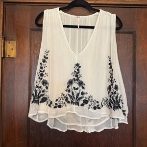 Free People White Tiered Blouse with Black Embroidery